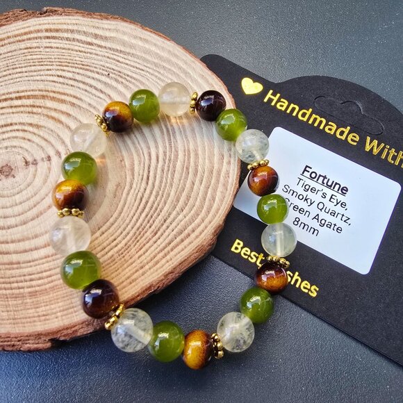 Handmade ✦ Tiger’s Eye Smoky Quartz Green Agate Bracelet ✦ 8mm Gemstone Beads - Picture 5 of 7